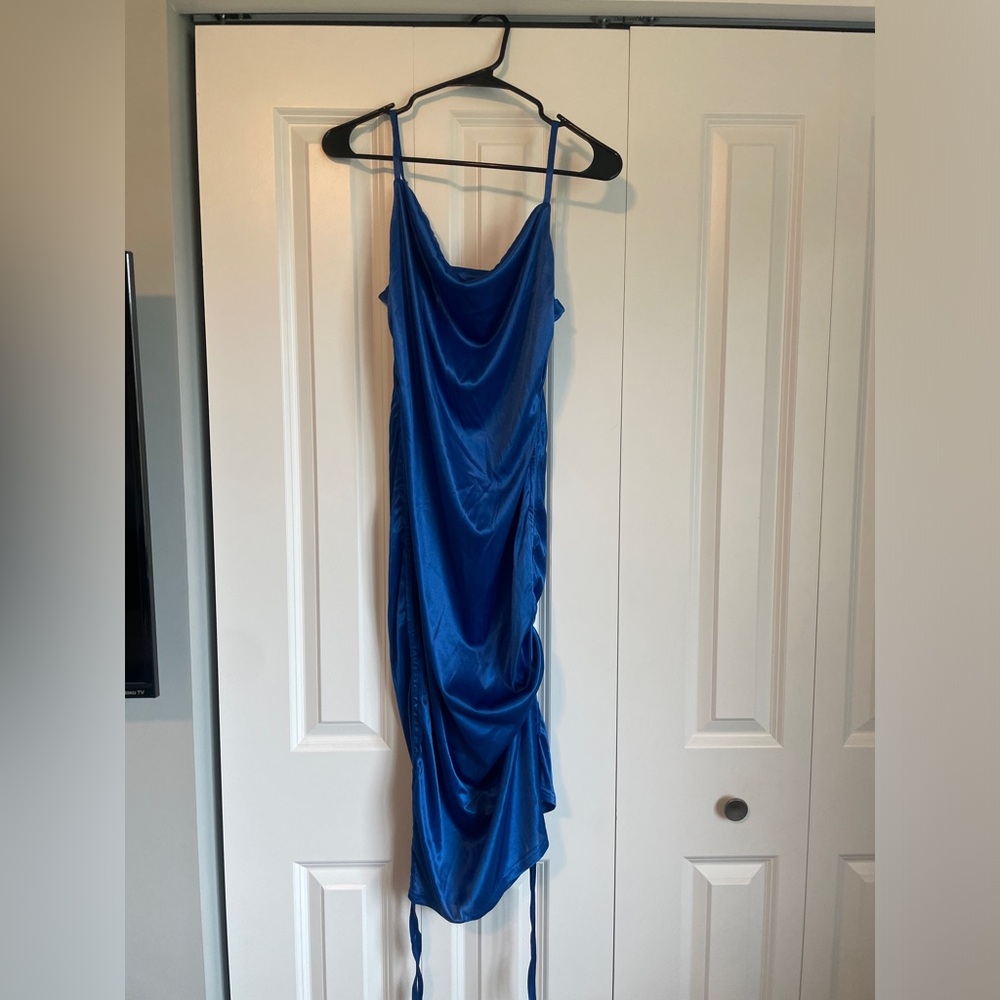 Blue multi way ruched tie side dress